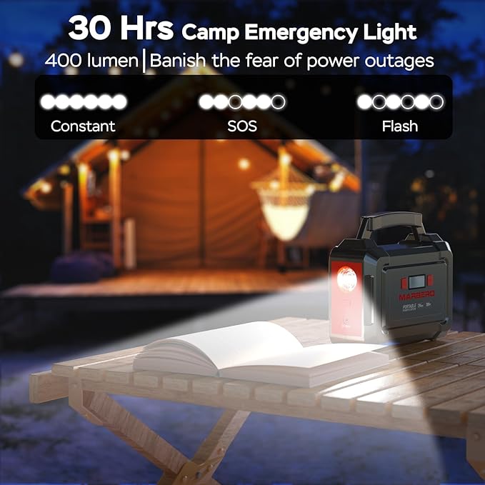 MARBERO Portable Power Station 350W Peak Camping Solar Generator Laptop Charger 296Wh Power Bank with AC Outlet 110V with Multi-Output LED Flashlights for CPAP Home Camping Hurricane Emergency