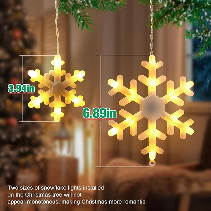 Christmas Snowflake Lights, 16.73ft Outdoor Led Snowflake Icicle Christmas Lights with 20 Drops, Waterproof Snowflake Lights Emit Warm White Lighting for Eaves, Window, Curtain Xmas Decorate