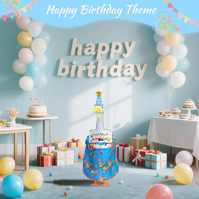4PCS Porch Goose Birthday Outfit - Happy Birthday Goose Clothes for 23'' High Cement or Plastic Lawn Goose, Goose Dress with Hat and Sign, Garden Silly Porch Duck Costum Blue