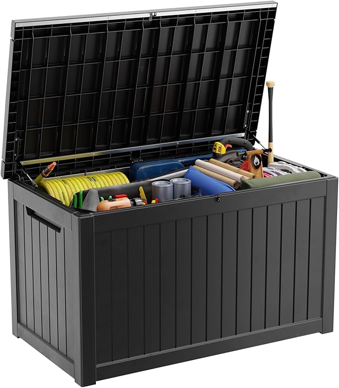 231 Gallon Waterproof Outdoor Storage Box,Large Resin Deck Box,Lockable Outside Storage Box Container for Patio Furniure,Garden,Pool Tools (231 Gallon,Black)