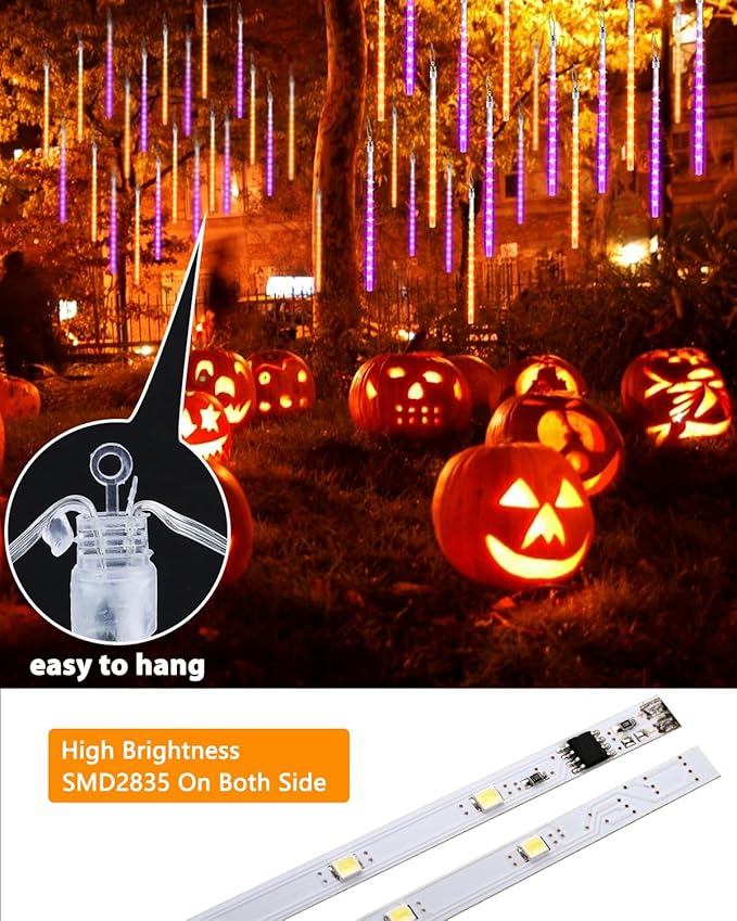 Halloween Lights Outdoor 20 Tubes 480 LED Raindrop Meteor Shower Icicle Lights with Timer Function Cascading Light Falling Rain Light for Halloween Orange Purple