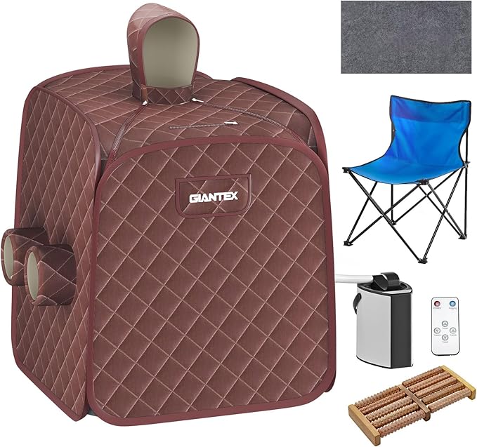 Giantex Portable Folding Sauna, 1 or 2 Person Steam Spa with Remote Control, Folding Chair, Foot Massage Roller, Absorbent Mat, 9 Temperature Levels, 3L Steamer, 800W Home Full Body Spa Tent (Brown)
