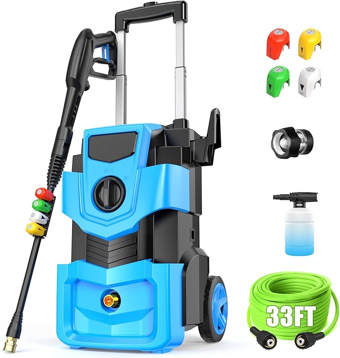 Pressure Cleaner with 33FT Flexible Extension Hose + 34FT Power Cord, 4 Nozzles, Foam Cannon, Best Power Cleaner for Cars, Patios, Driveways, Blue