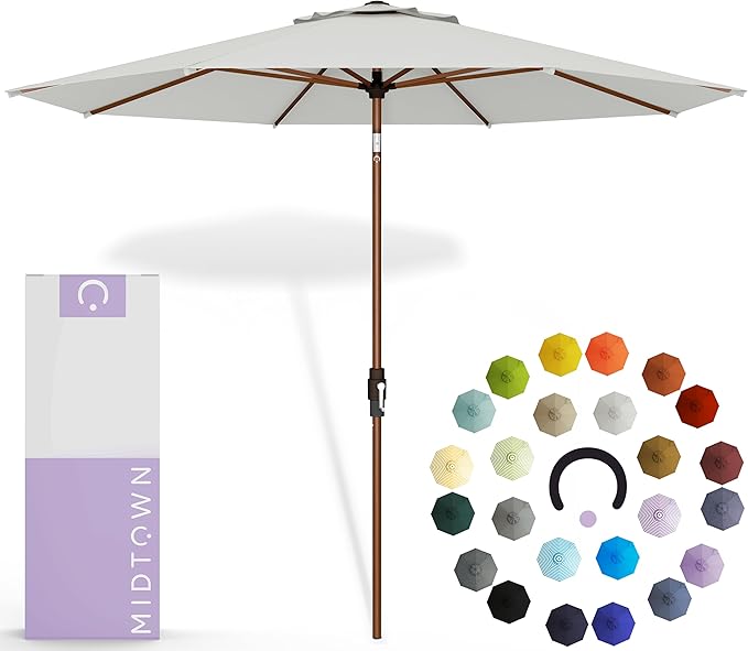 Midtown Umbrellas Wooden 2-8 Feet Outdoor Patio Umbrella, Terylast Off White Fabric, Aluminum Frame For Backyard Umbrella, Deck Umbrella, Garden Umbrella & Pool Umbrella - Wooden Pole
