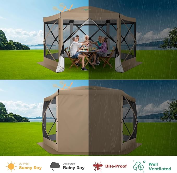 COBIZI 12x12 Pop up Gazebo Screen House Tent for Camping, Outdoor Canopy with Removable Roof&Mosquito Netting, Portable Hub with Carrying Bag and Ground Stakes, Khaki