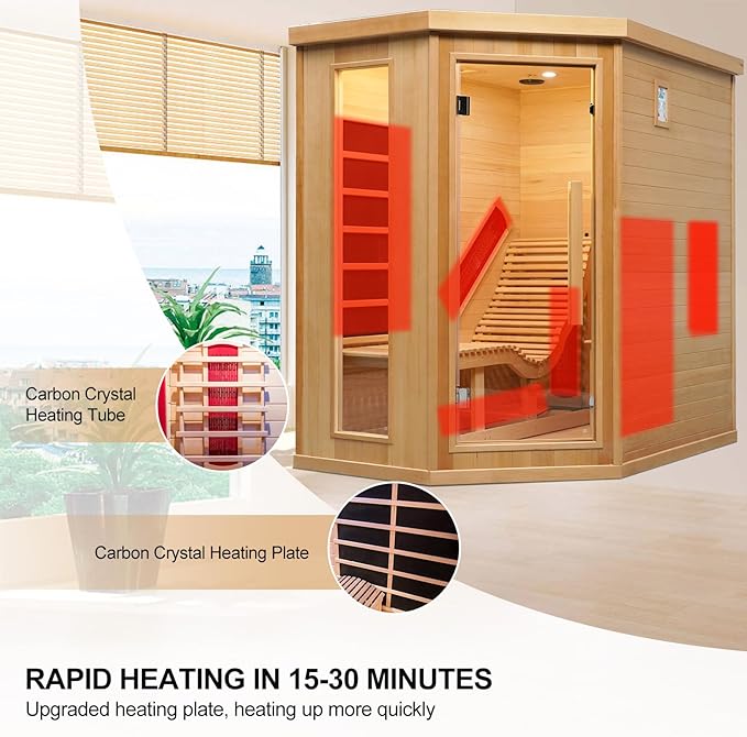 Infrared Sauna Room with Recliner, One Person Infrared Sauna Home, 220V，2300W, 4 Heating Tubes, 4 Carbon Crystal Heating Panel, Bluetooth Speakers, 7 Color Light, Oxygen Bar