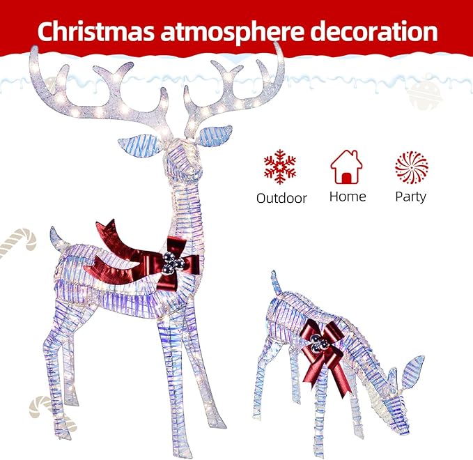 Christmas Decorations Outdoors Reindeer Family - Light up Christmas Decor Iridescent Deer 3 Piece with LED Lights, Extension Cord, Ground Stakes, for Outdoor Front Yard Porch - Iridescent