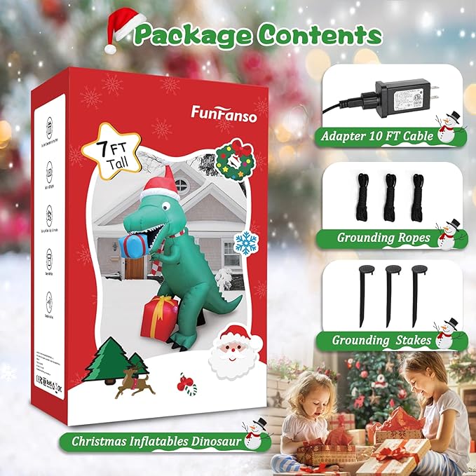 7FT Christmas Inflatables Dinosaur Outdoor Yard Decoration, Christmas Blow Up Giant Dinosaur Holding Gift Boxes with Built-in Bright LED Lights for Xmas Holiday Garden Lawn Yard Party Decor