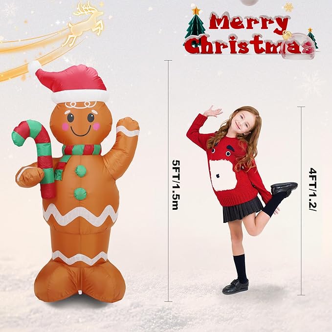 5FT H Lovely Christmas Inflatable Gingerbread Man with Candy Cane, Blow up Gingerbread Man,Christmas Inflatables Gingerbread with Bulid-in LEDs for Indoor Outdoor Decoration