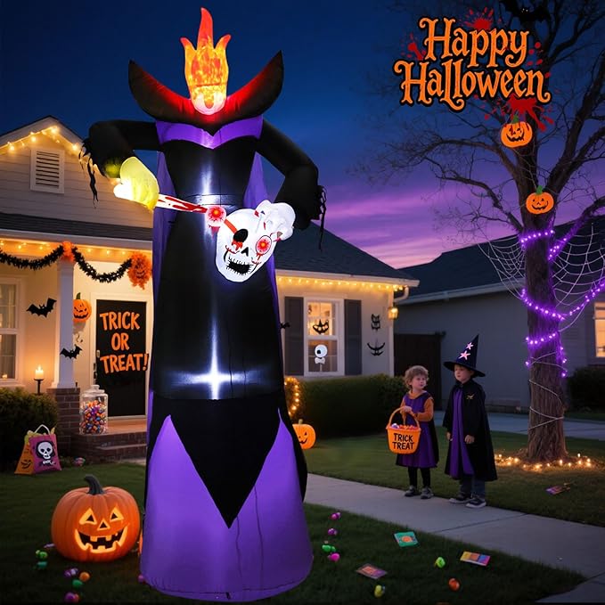 12FT Scary Halloween Inflatables Headless Killer Outdoor Decorations Grim Reaper Holding Skull Dig Out Eyeballs with Flame Light Giant Ghost Blow Up Yard Decoration for Party Garden Lawn Decor