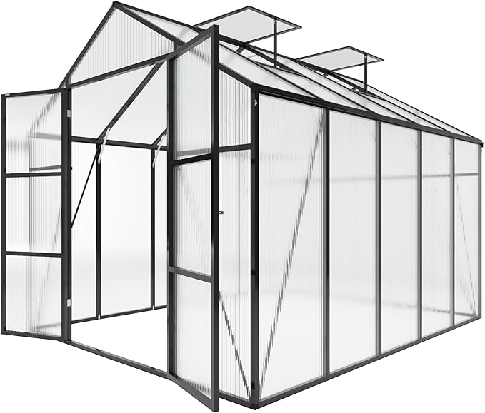 Greenhouse for Outdoors 8x10x7.8FT, Polycarbonate Greenhouse with Stronger Wind Protection and Roof Vent, Walk-in Large Aluminum Sunroom Winter Proof, Black