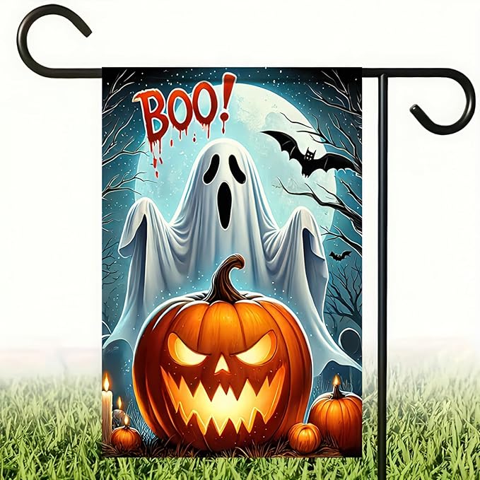 Halloween Garden Flag 12x18 Double Sided Happy Halloween BOO Ghost Flag Samll Pumpkins Flags Decorations Outdoor Home Banners Yard Flags Farmhouse