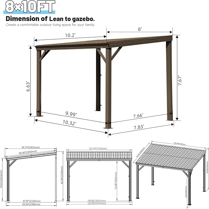 Domi 8’x10’ Lean-to Gazebo, Hardtop Wall-Mounted Gazebo Pergola with Sloping Galvanized Steel Roof and Upgraded Drainage System, Outdoor Permanent Metal Shelters for Patio Backyard Deck, Brown