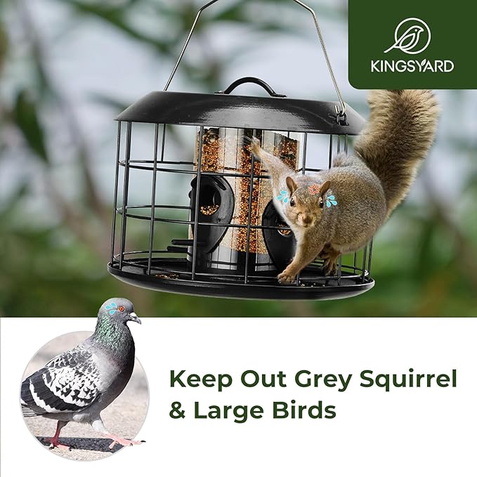 Kingsyard Mesh Caged Bird Feeders for Outdoor Hanging, Tube Squirrel Proof Bird Feeders with Tray for Small Birds Finches Bluebird, Rain Proof Covered, 4 Feeding Ports, Black
