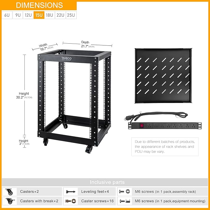 RIVECO 15U 19 Inch Open Frame Server Rack with Wheels Including 1U Rack Shelf & Power Strip Universal for 19" Network Equipment Black