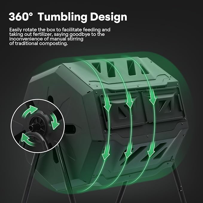Athena Collection Compost Tumbler, 43 Gallons Dual Composter Chamber Outdoor, Easy Turn & Fast Rotating Compost Bins with 2 Sliding Doors, Easy Assembly, for Garden, Yard and Outdoor Use