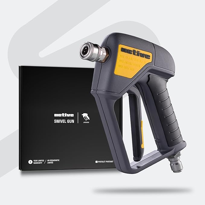 Active Swivel Pressure Washer Gun with an inbuilt 3/8” inlet male swivel plug for pressure washer hose and 1/4” female quick connect for nozzles, wands & foam cannon for home car wash and detailing.