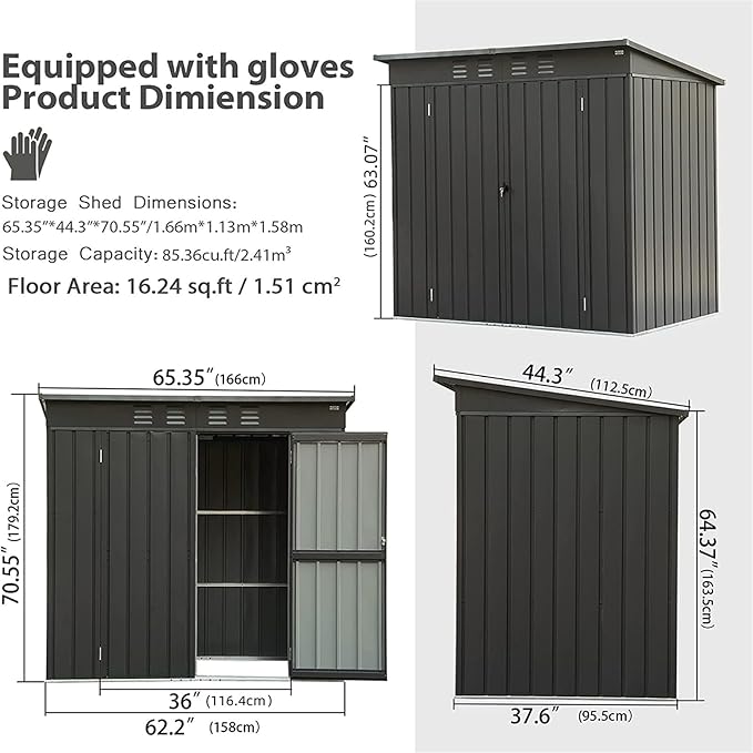 Small Metal Storage Shed 5x3ft Outdoor, Dark Gray Garden Shed with Sloping Roof & Lockable Double Doors - Galvanized Steel Utility Tool Shed for Backyard, Patio, Lawn