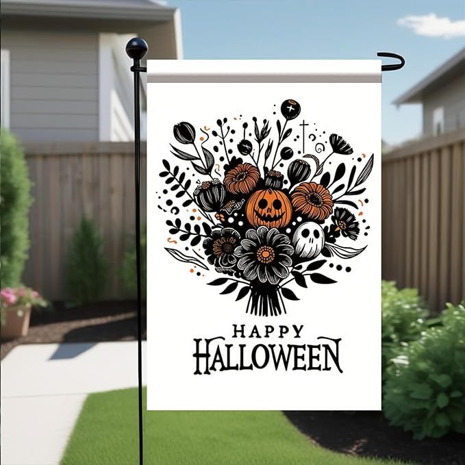 Halloween Garden Flag 12x18 Inch Pumpkin Ghost Floral Bouquet Yard Banner Happy Halloween Outdoor Decoration Double Sided Seasonal House Flag for Porch Patio Lawn Garden Party Fall Decor