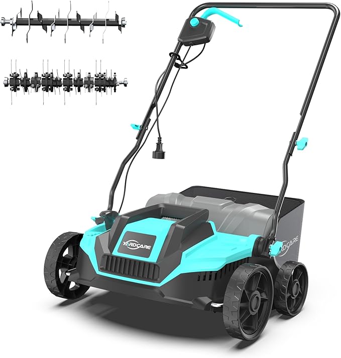14-Inch Lawn Scarifier and Dethatcher, Powerful 13-Amp Electric Tool with 10.5 Gal Collection Bag, Adjustable Depth Settings & Safety Lock System