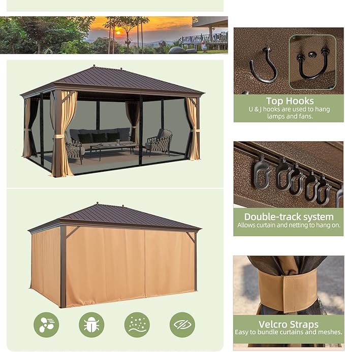 YOLENY 12' X 16' Hardtop Gazebo Galvanized Steel Outdoor Patio Gazebos Canopy Permanent Gazebo with Single Roof Aluminum Frame, Netting & Curtains for Garden, Patio, Lawns, Deck