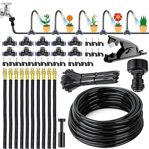 360° Adjustable Drip Irrigation System 32.8FT Garden Watering System with 10 Nozzles, Garden Irrigation System, Greenhouse Accessories, Atomizing System for Yard, Lawn, Plants, 5/16 in Hose