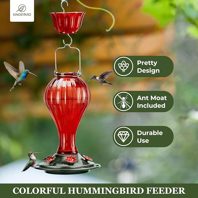 Kingsyard 2 Pack Glass Hummingbird Feeder 24 Ounces, 6 Feeding Ports, Hanging Bird Nectar Feeder for Outdoors Garden Yard Décor, Ant Moat Included, Red