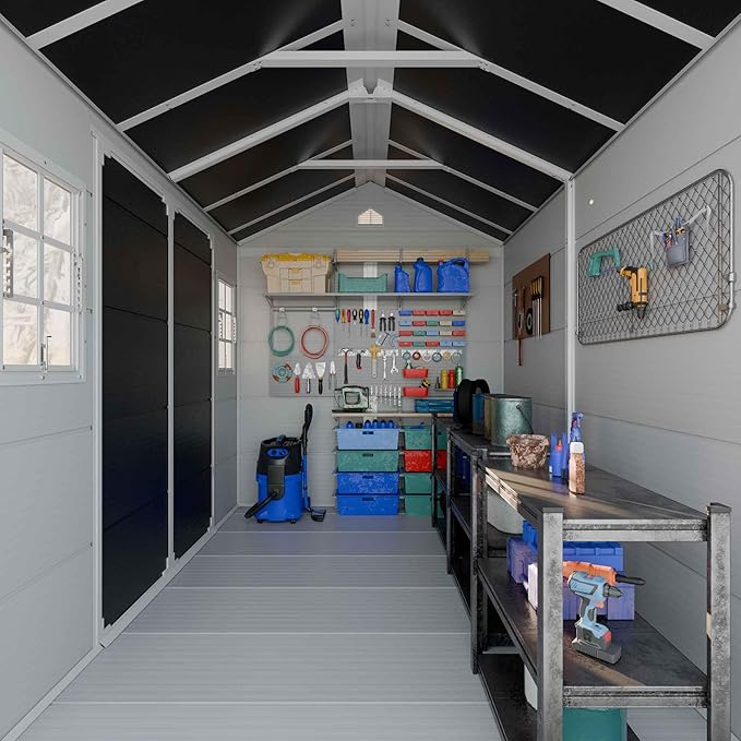 8x6 Shed, Heavy-Duty Outdoor Storage Shed with Floor, Waterproof Plastic Resin Garden Shed for Backyard, Tool Storage with Lockable Double Doors & Awning Windows
