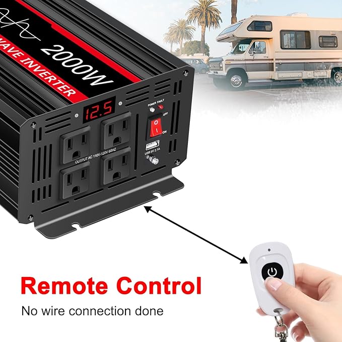 JIGUUN 4000W Peak Pure Sine Wave Power Inverter 2000 Watt,12v DC to 110/120v AC Inverter 3 AC & USB Output,Power Converter LED Display for Home RV Camping Outdoor Car Truck