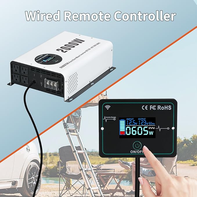 2000W Pure Sine Wave Power Inverter DC 12V to AC 120V Converter with LCD Display, Wireless Remote Control, 4 AC Outlets, 1 Hardwire Terminal, Dual USB Ports for RV Truck Boat Solar System