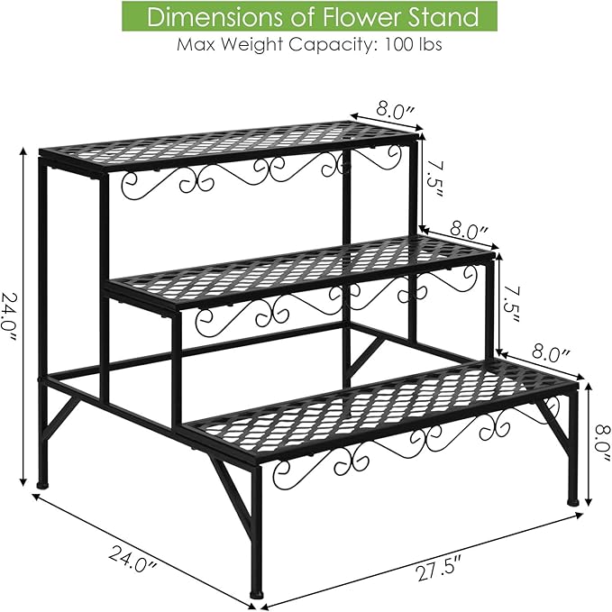 Giantex 3 Tiers Black Metal Plant Stand, Metal Plant Shelf Stands w/ 6-9 Flower Potted Capacity Holders, Multiple Flower Pot Display Rack for Plants Patio Garden Corner Indoor (Rectangular)