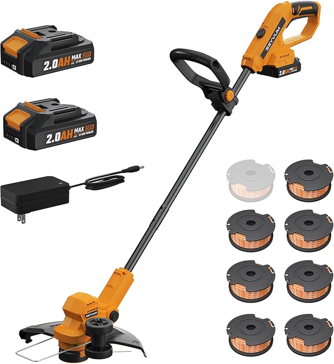 SEYVUM String Trimmer, 20V 12-inch Cordless Weed Wacker with Auto Line Feed, 2 X 2.0Ah Battery Powered Lawn Edger with 8 Pcs Grass Cutter Spool Line, Fast Charger Included, Orange