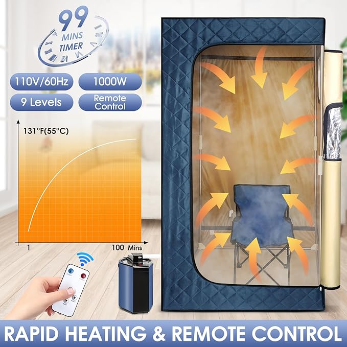 Portable Steam Sauna Tent for Home – Dual Mode Standing/Sitting Sauna Box with 9-Level Temperature Control (95-140°F), 3L Steamer & Wireless Remote, Large Size 72 Auto Shut-Off