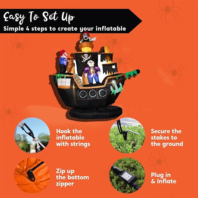 Bdor 7FT Skeletons Ghosts on Pirate Ship Halloween Inflatables Halloween Decorations with Built-in LEDs, Weight Bag, Fan, Stakes Strings, Halloween Decorations Outdoor for Front Yard, Porch, Lawn