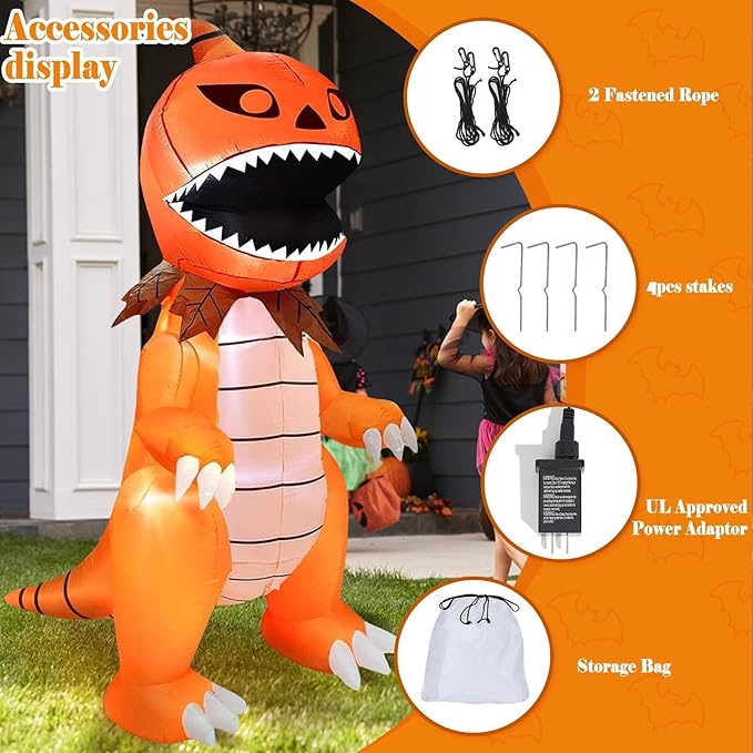 DearSun 8FT Giant Halloween Inflatable Pumpkin Dinosaur with LED Lights Outdoor Decoration Large Party Yard Decoration (Giant Pumpkin Dinosaur)