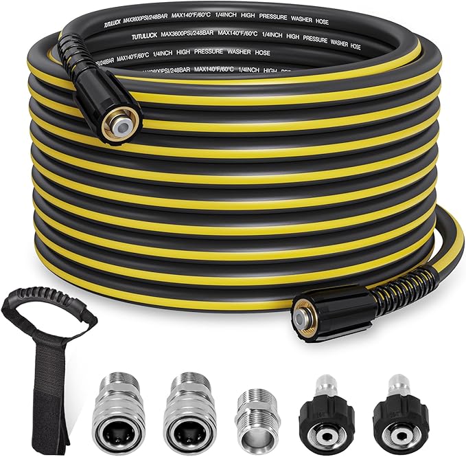 Pressure Washer Hose 50ft - 1/4" Flexible Power Washer Hose Kink Resistant,3600 PSI Leak-Free M22-14mm Extension Replacement Hose 5 Accessories with storage strap