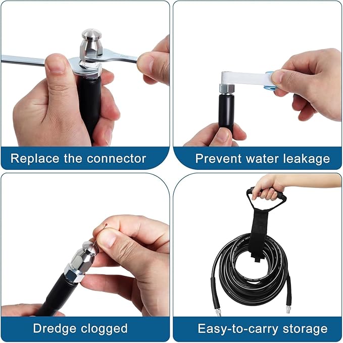 50FT Sewer Jetter Kit for Pressure Washer, 5800PSI Water Jet Durable Drain Cleaner Hose 1/4 Inch NPT Corner with 4 Specialized Nozzles，Waterproof Tape, Pearl Corsage Pin, Handle Strap & 2 Spanners