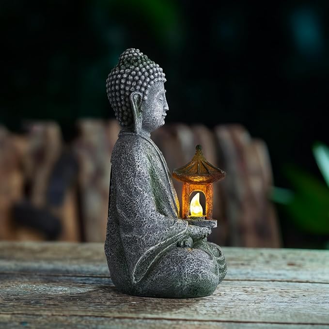 Buddha Garden Statue with Solar Light, Resin Zen Decor for Outdoor Patio or Indoor Meditation, Spiritual Gift for Women and Friends (Grey Pavilion)