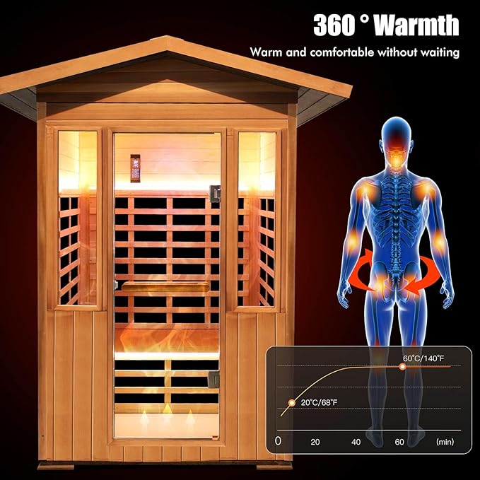 2 Person Outdoor Sauna Infrared Saunas Dry Sauna Room Red Cedar and Canadian Hemlock Wood Wooden Sauna Spa 1800W APP Control 7 Color Light 48.8 * 37 * 87.4inch