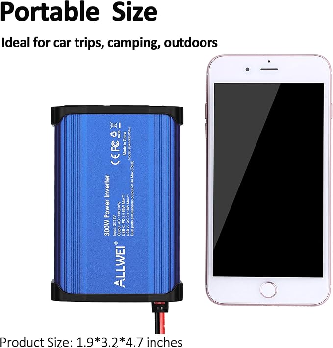 ALLWEI 300W Car Power Inverter, DC 12V to 110V AC Converter Car Plug Adapter Outlet with 65W PD USB-C & 18W USB-A Fast Charge, Car Cigarette Lighter Charger for Phone, Laptop, Tablet - Blue