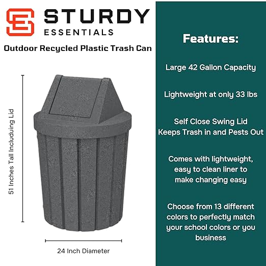 42 Gallon Round Slatted 100% Recycled Plastic Indoor or Outdoor Commercial Trash Can with Easy Access Swing Top Lid | Great for Schools and Businesses - Dark Granite