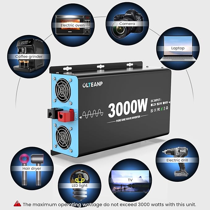 New Upgraded 24V 3000 Watts Pure Sine Wave Inverter, 24V DC to 110V/120V AC Power Inverter with 4 AC Outlets, USB Port, Type-C Port for Truck, Vehicle, Power Outage, Remote Control with LCD Screen