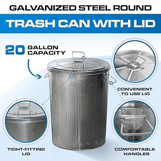 Plexon 20 Gallon Metal Trash Can with Lid Outdoor Galvanized Steel Large Garbage Can