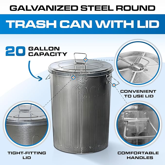 Plexon 20 Gallon Metal Trash Can with Lid Outdoor Galvanized Steel Large Garbage Can, 6 Pack