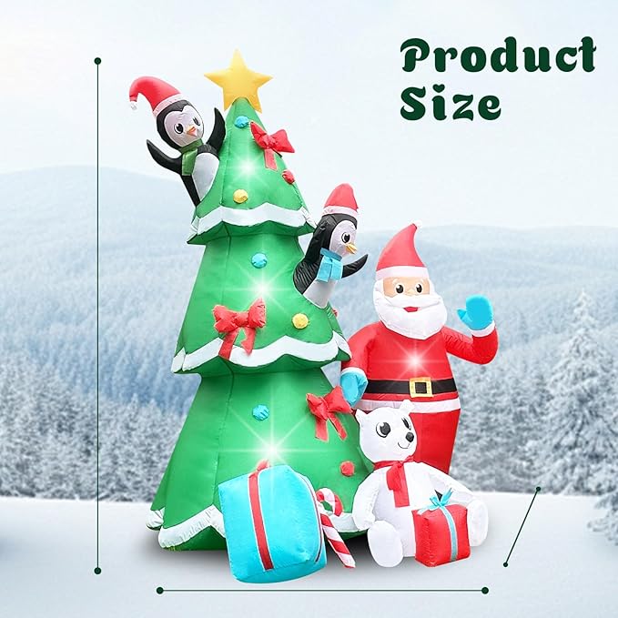 10FT Christmas Inflatable Xmas Tree with Smiley Santa, A Penguin in Red Hat, Polar Bear & Gift Boxes Light-Up Blow Up Yard Decor for Holiday Lawn, Garden, or Festive Family Fun Display