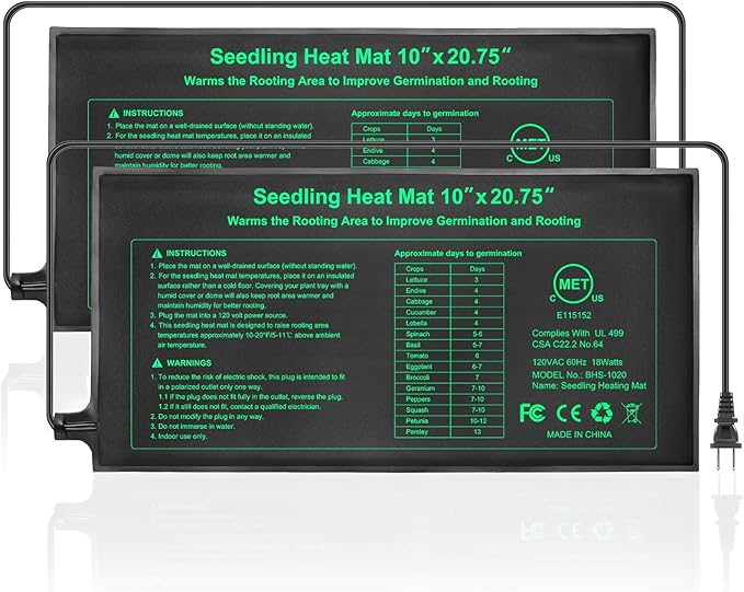 Bestio Seeding Heat Mat 10"x 20.75", 2 Pack Durable Seedling Heat Mat for Seed Starting, UL and MET Certified Waterproof Warming Mat Plant Heating Pad for Seed Germination,Hydroponics, Greenhouses