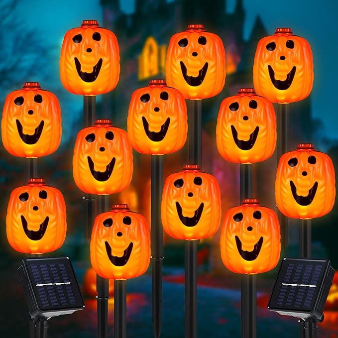 12 Pack Halloween Pumpkin Pathway Solar Lights, Orange Yard Stake Pumpkin Shaped Pathway Lights Outdoor Waterproof for Balcony Lawn Walkway Party Decor