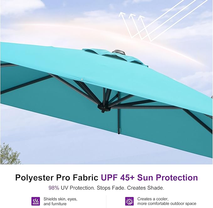 PURPLE LEAF 8'×8' Patio Cantilever Umbrella with Base Included Offset Outdoor Umbrella with cover Square umbrella outdoor patios for Backyard Pool Garden Turquoise Blue