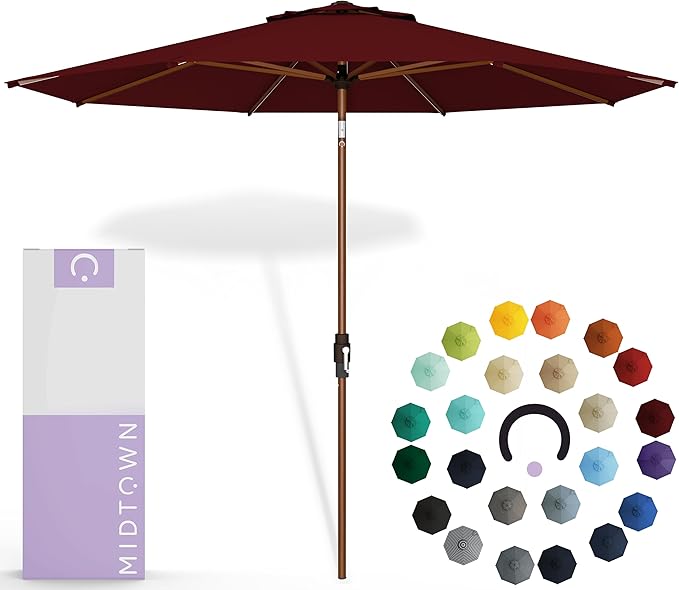 Midtown Umbrellas Sunbrella Umbrella Outdoor Patio Umbrella 2-8 Feet in Burgundy Acrylic Fabric - Auto-Tilt Aluminum Frame For Backyard Umbrella, Deck Umbrella & Porch Umbrella - Wooden Pole
