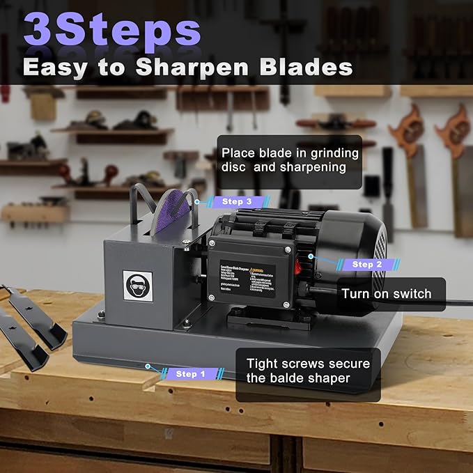 Lawn Mower Blade Sharpener, 1HP 750W Lawnmower Blade Grinder with 9-inch Ceramic Grinding Disc, 2 Sanding Paper & 40°Bracket for High/Low Lift Blades, Gator Blades, Flat Blades
